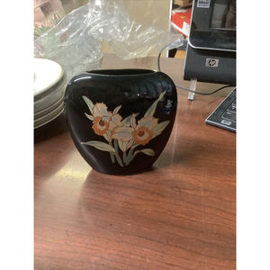 Vintage Black Oval Vase Flowers Hand Decorated JAPAN